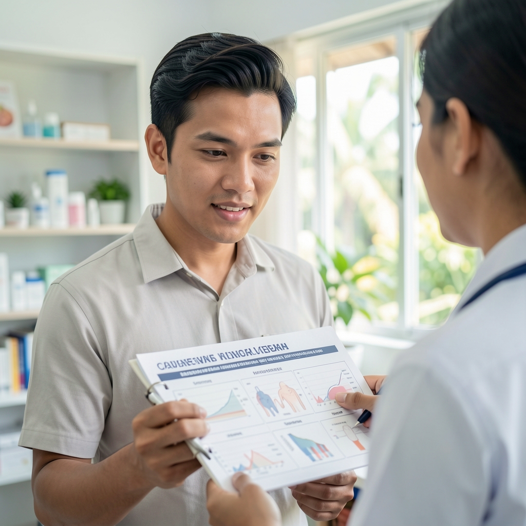 Male patient discussing a health chart with a doctor in a bright Indonesian clinic