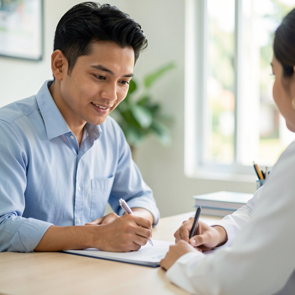 Male patient and doctor reviewing notes together at a bright Jakarta clinic desk