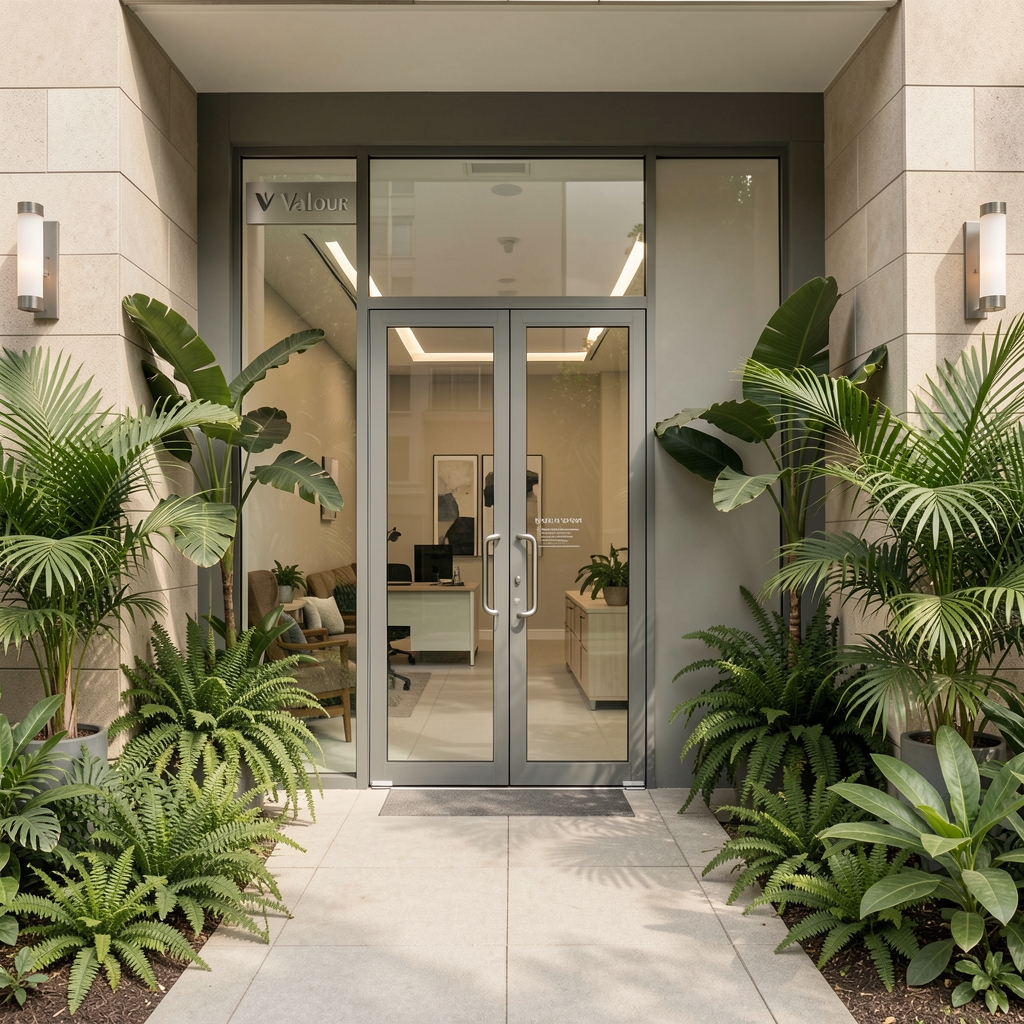 Welcoming editorial office entrance in Cempaka Putih with greenery and a simple Valour sign