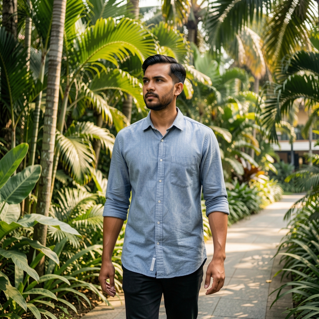 Thoughtful man in his thirties walking beside tropical greenery in Jakarta