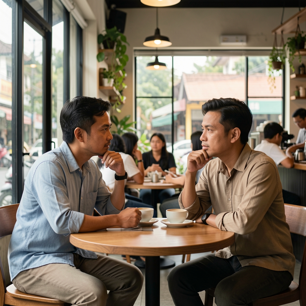 Two adult friends having a thoughtful conversation over coffee at a quiet Jakarta cafe