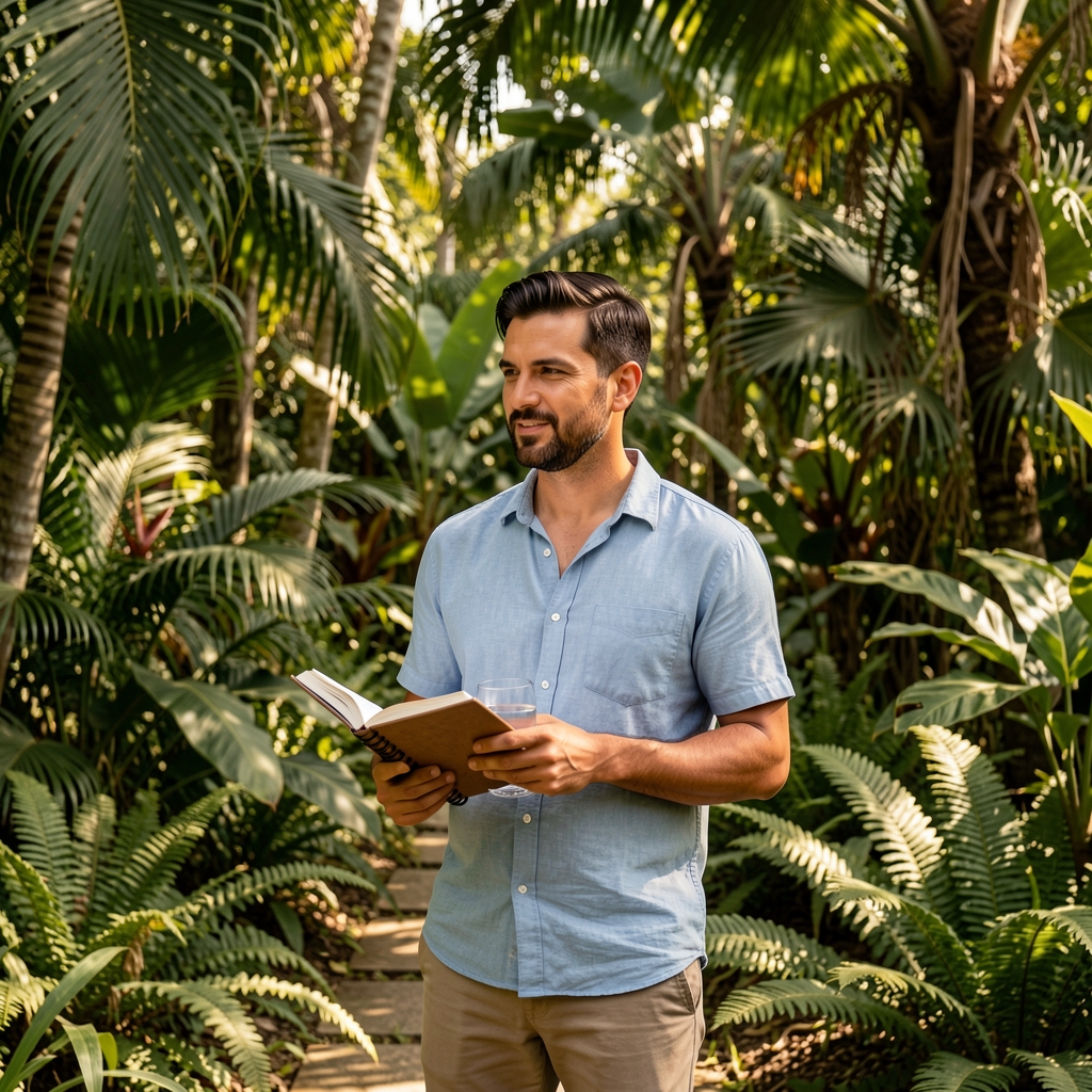 Man pausing in a shaded tropical garden with a notebook and glass of water