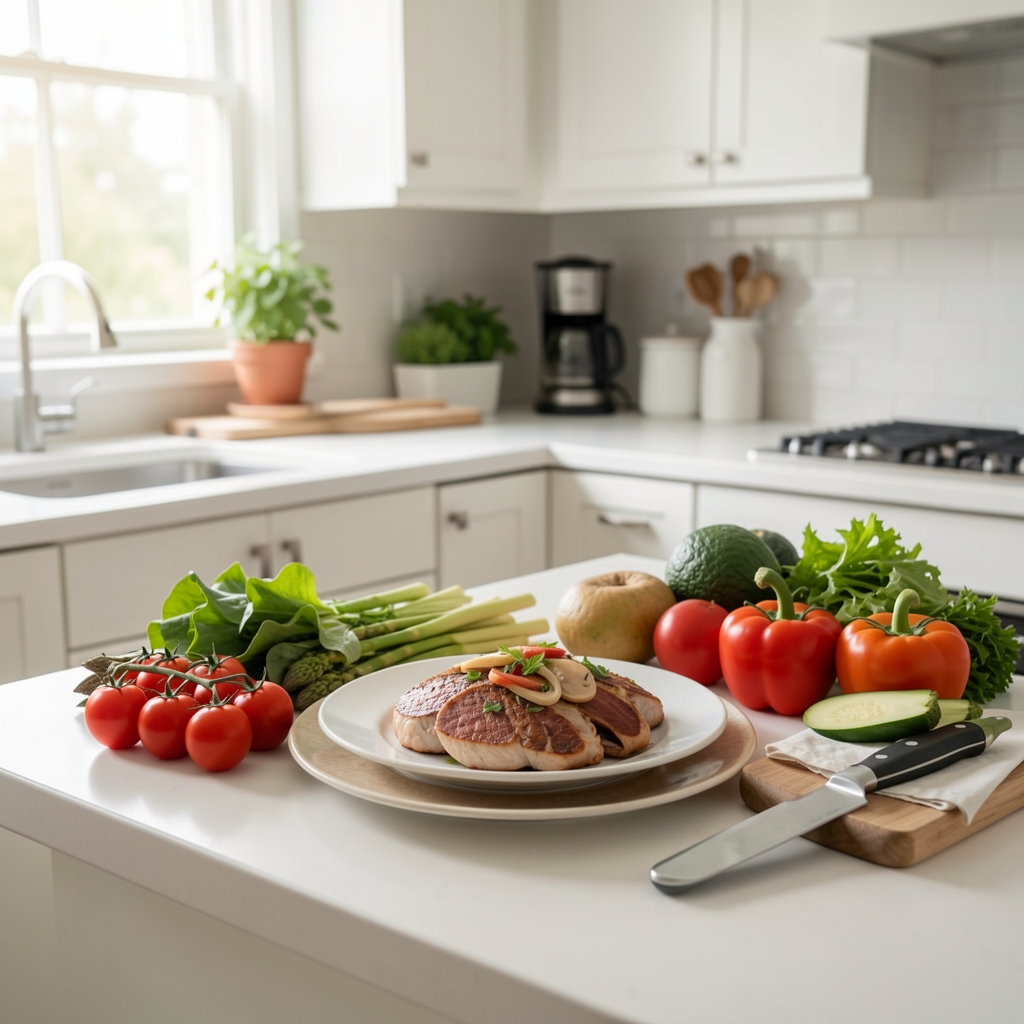 Bright home kitchen with a balanced plate and fresh local ingredients ready for preparation