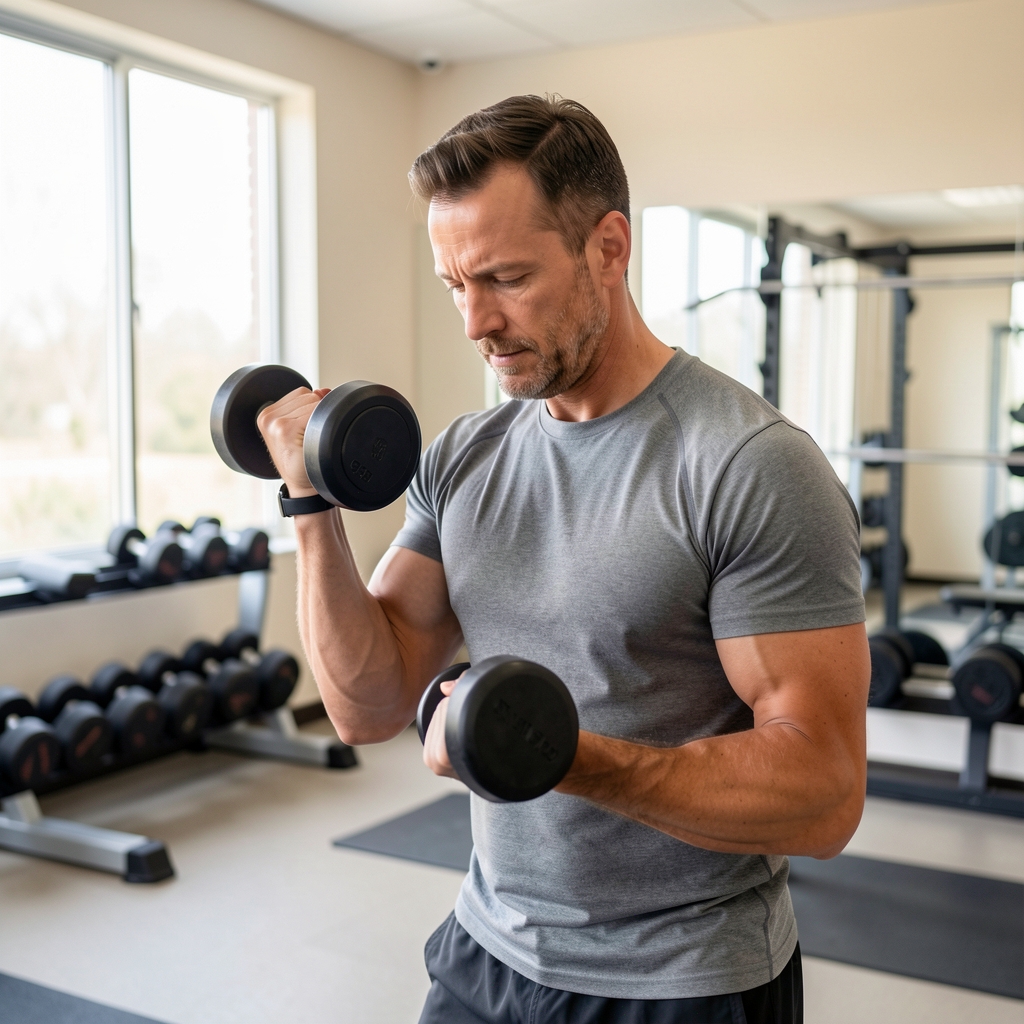 Man in his forties performing a controlled dumbbell exercise in a bright modest gym